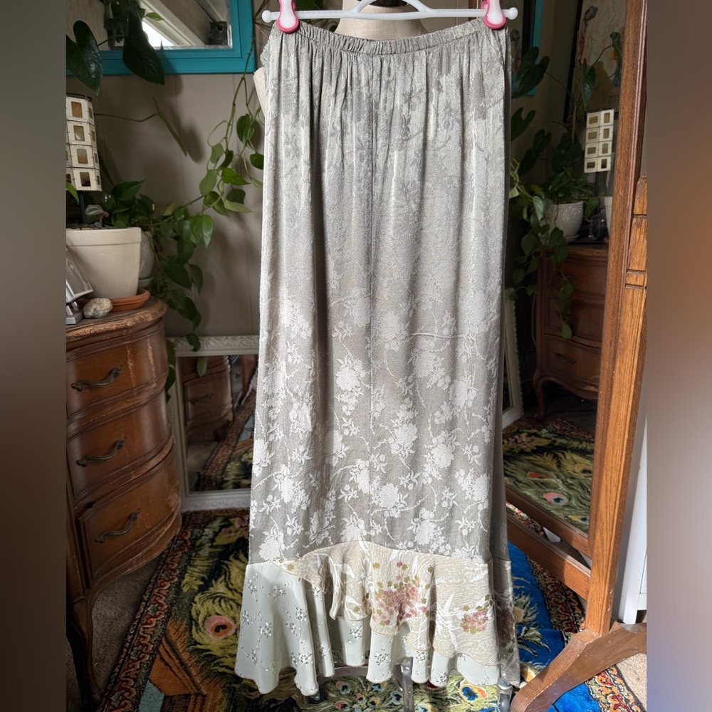 Light Sage Tonal Floral Satin Maxi Skirt with Embroidered Layered Ruffle,plus 3X - Picture 6 of 11